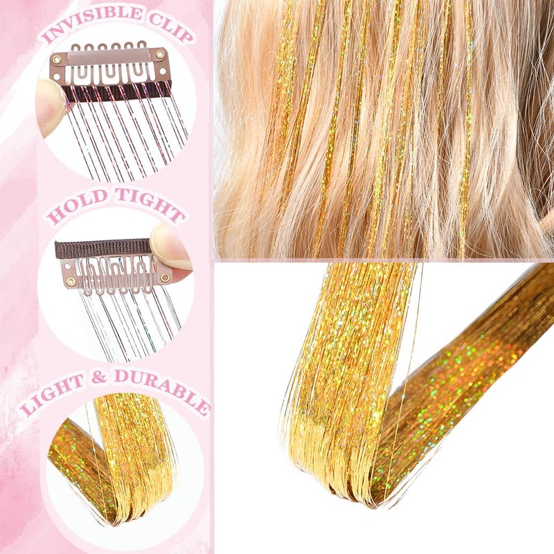 EROADE Hair Tinsel Clip in12 Pcs Gold Hair Tinsel Kit for Girls 22 Inch Glitter Fairy Tinsel Hair Extensions Colorful Heat Resistant Party Festival Accessories for Women (gold) - Image 2